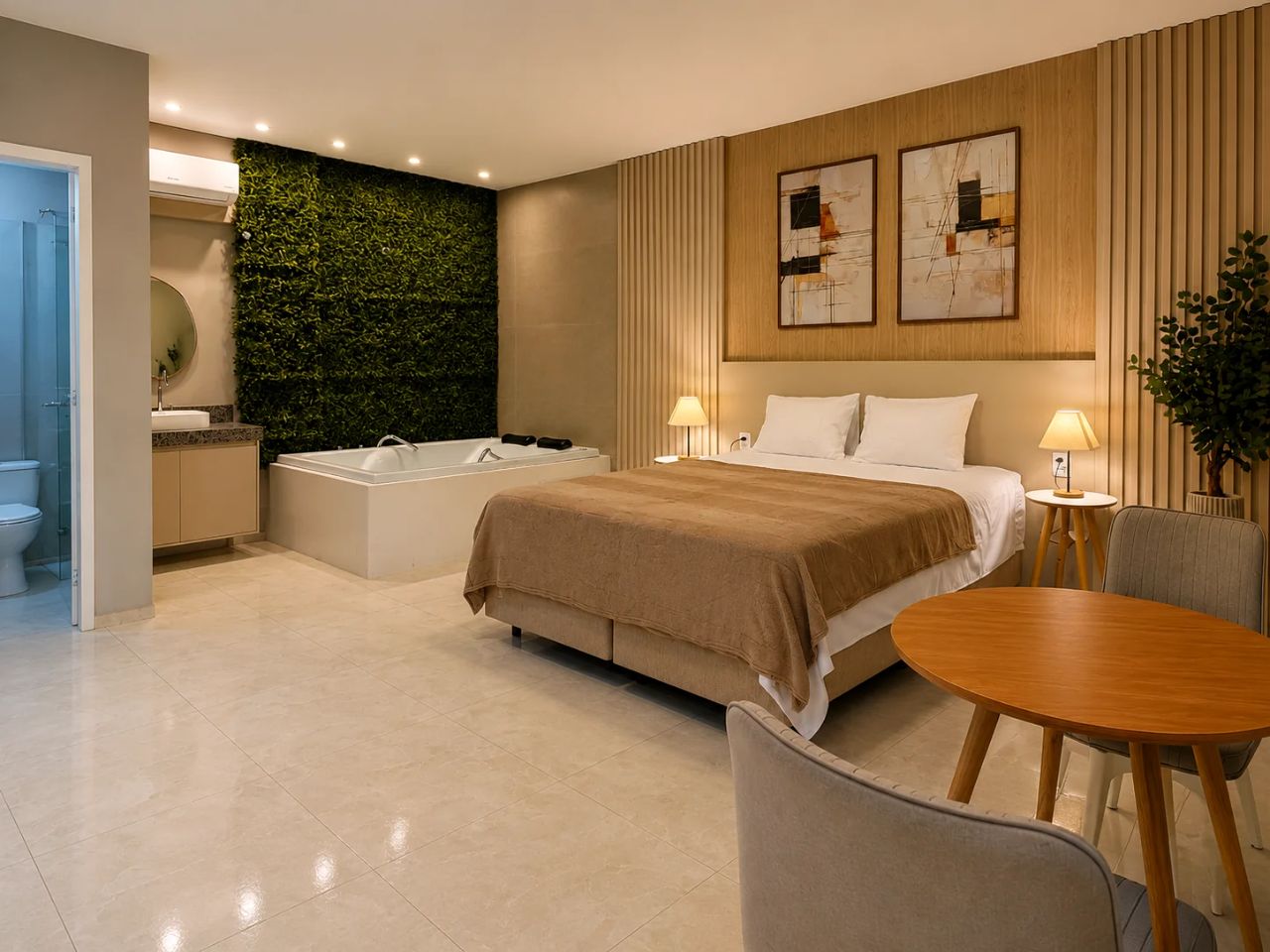 Vista ampla da Suíte Master com banheira e cama king